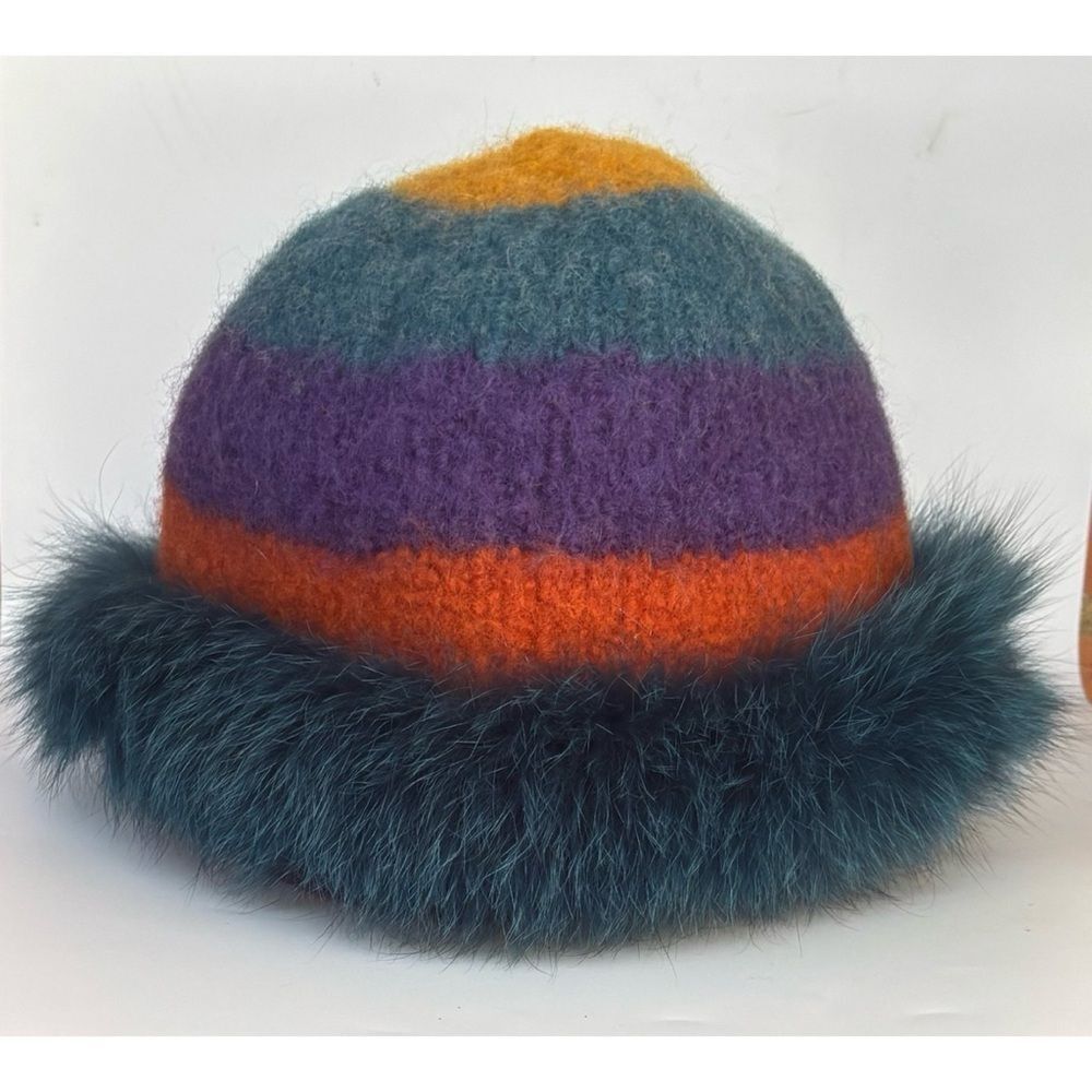 Vintage Lenore Marshall Mohair/ Wool / Fox Real Fur / Rainbow Stripe Bucket Hat